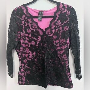 INC International Concepts Pink and Black Lace Top, Size L